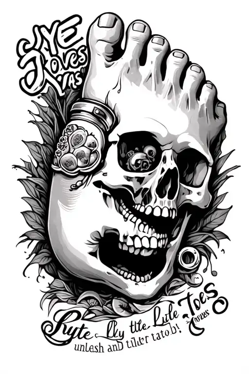a foot, growing from a skull with a toe ring and cyst with the words "Skye loves Katie and Lily" and "unleash the toes" tattoo design idea