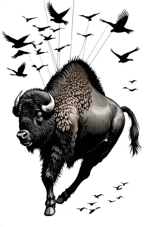 bison being carried by flock of birds on string surrealism  tattoo design idea