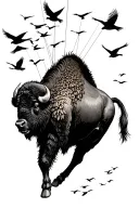 bison being carried by flock of birds on string surrealism  tattoo design idea