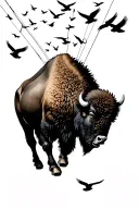 bison being carried by flock of birds on string surrealism  tattoo design idea