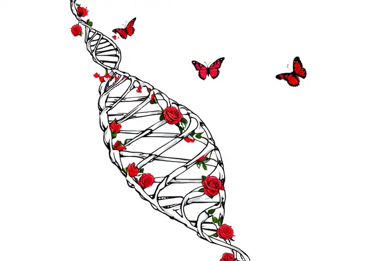 rib cage dna helix with red roses and butterflies tattoo design idea