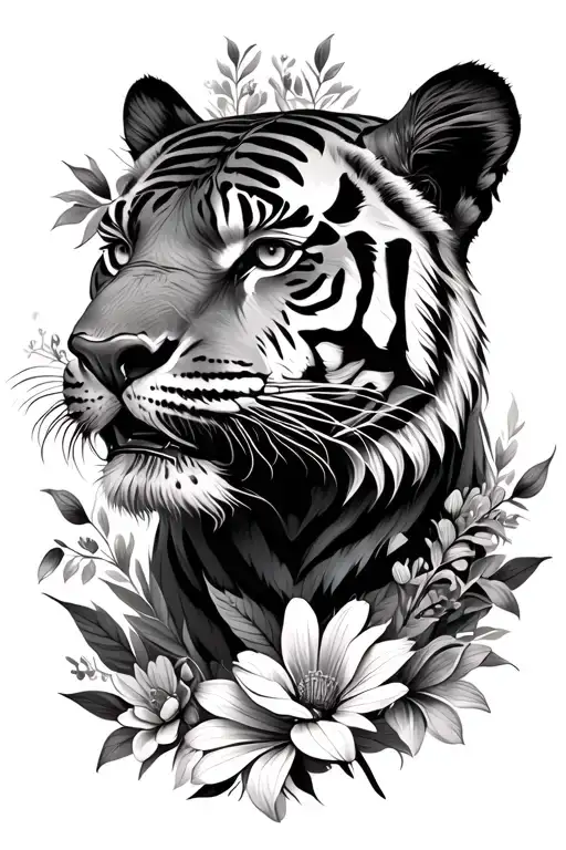 tiger head with wild flowers tattoo design idea