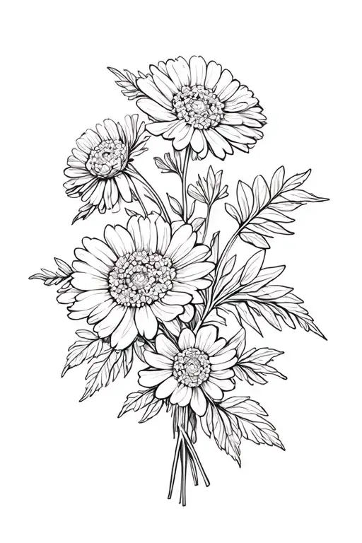 marigolds and violet bouquet fine line filler leafs tattoo design idea