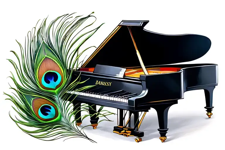 peacock feather intertwined piano surrounded tattoo design idea