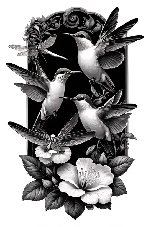 2 hummingbirds 2 dragonflies and hibicus flowers growing tattoo design idea