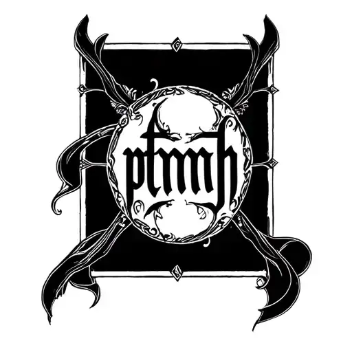 Create a unique tattoo sketch that includes the following elements: the inscription 'ptmh' in the Gothic style, aesthetics 90s tattoo design idea