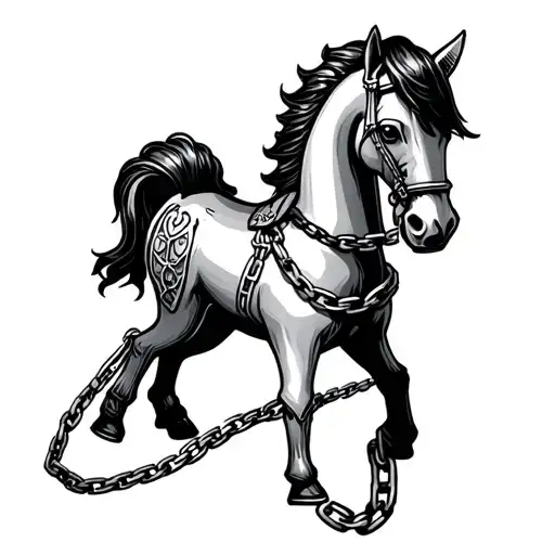 Hobby Horse, chess figure style, crazy, creepy, with chains, Alice Madness Returns tattoo design idea