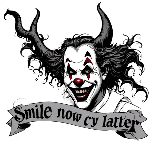 Smile now, cry later, gangster clown, demon tattoo design idea