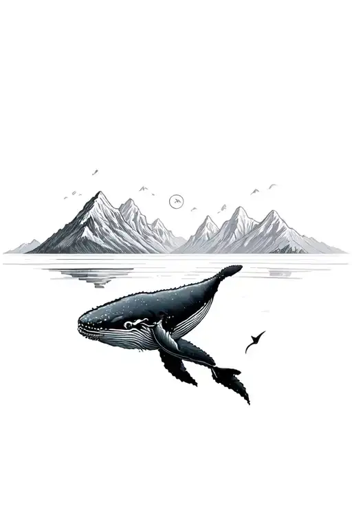 humpback whale swimming in a sea with mountains behind tattoo design idea