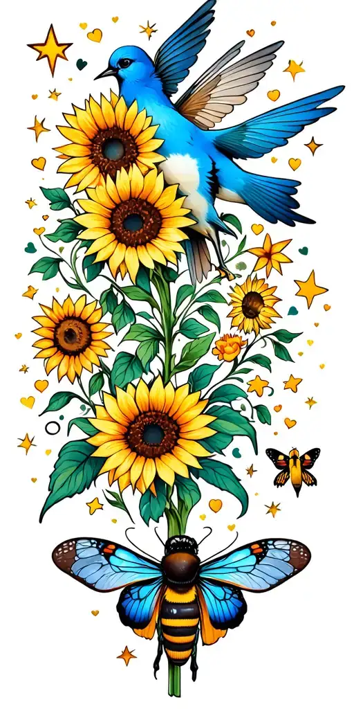 sunflower, bluebird, stars, hearts, cross, honey bee, butterflies, wildflowers tattoo design idea