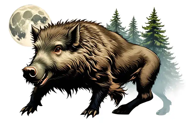 full moon pine trees boar fighting stance tattoo design idea