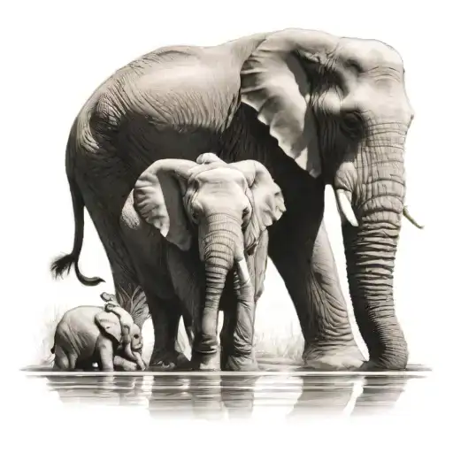 Matriarch elephant at watering hole with smaller elephants  tattoo design idea