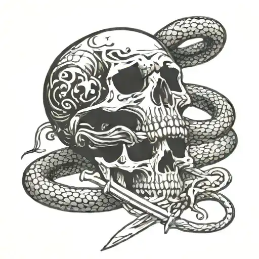 skull with sword through it and snake wrapped tattoo design idea