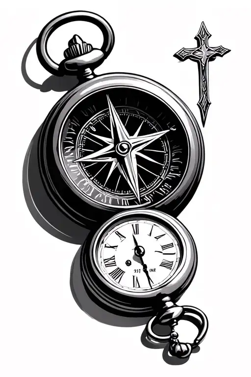 pocket watch 21:05, compass, Christian cross tattoo design idea
