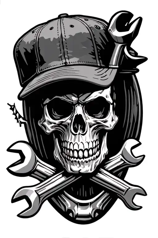 wrenches, skull, baseball cap, american, truck tattoo design idea