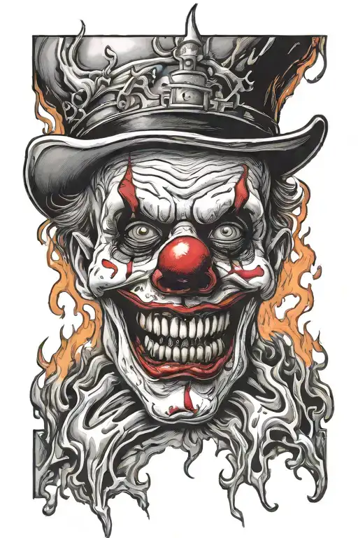melted clown skull on fire flames tattoo design idea