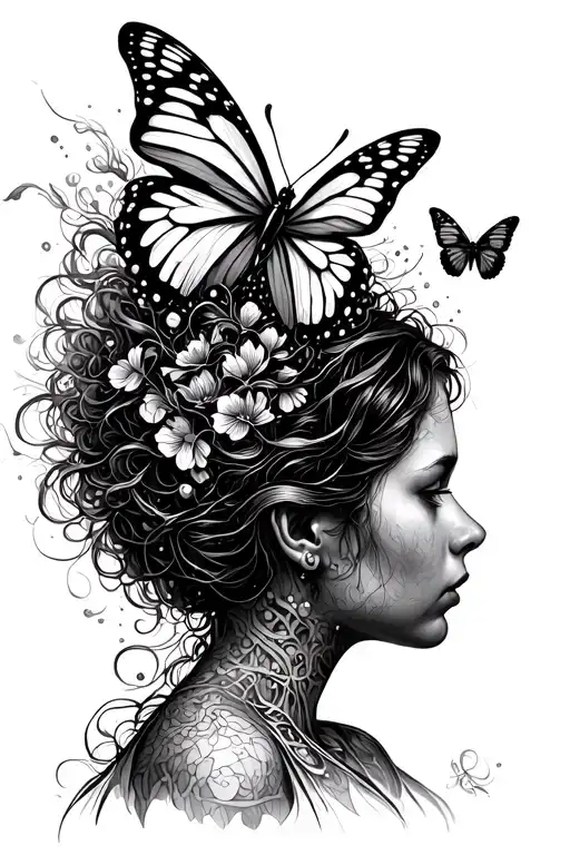 Women with scrambled coming out of her head and a butterfly landing on the scrambles  tattoo design idea