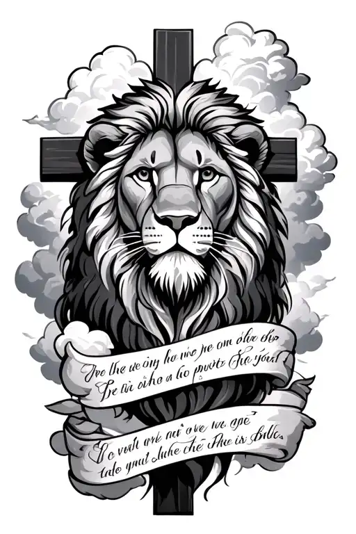 LIon with clouds and a cross iwith a verse written tattoo design idea