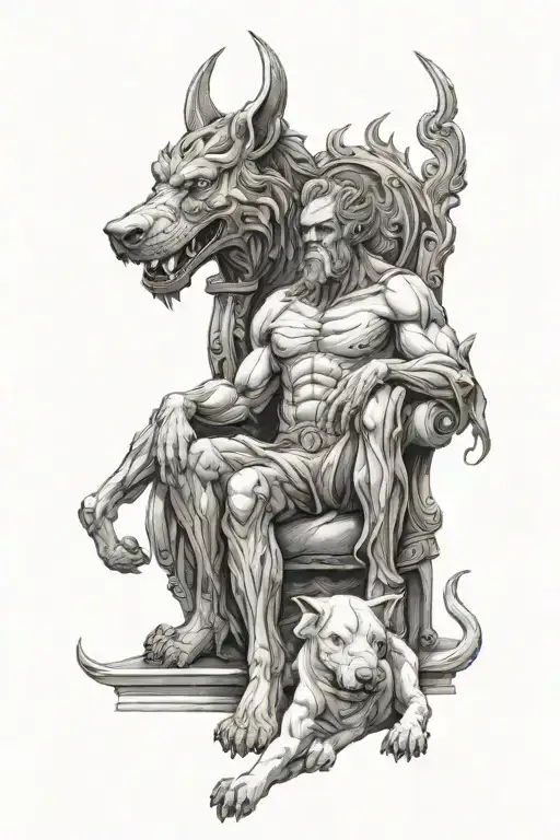 Hades on the armchair and Cerberus in front of them tattoo design idea