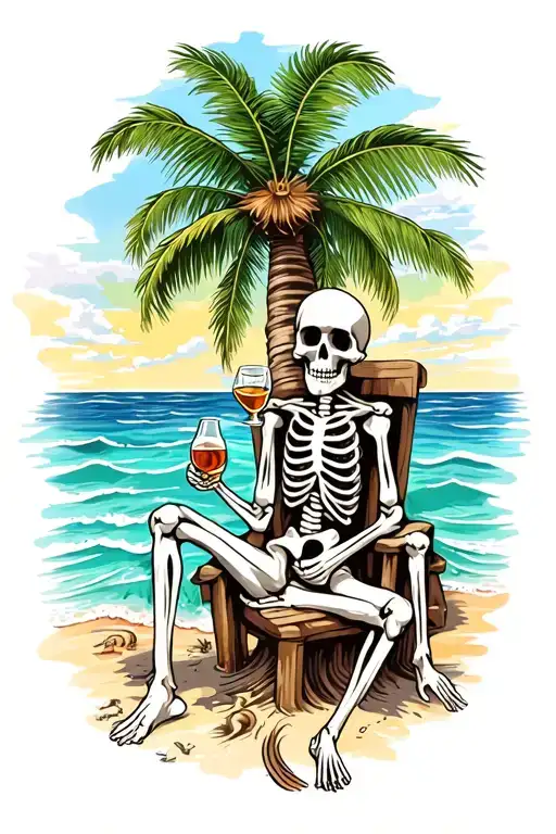 sea with beach and skeleton drinking rum sitting next to the palm tree and above is colorfur sky tattoo design idea
