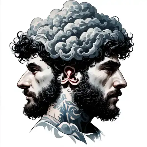 Man at half a turn, man. Two of his entities in the form of a cloud of personality rise a little above him: one is light, good, tattoo design idea