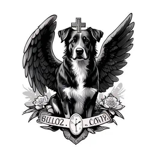 dog memorial tattoo with cross, angel wings and time: 23.44 tattoo design idea