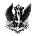 dog memorial tattoo with cross, angel wings and time: 23.44 tattoo design idea