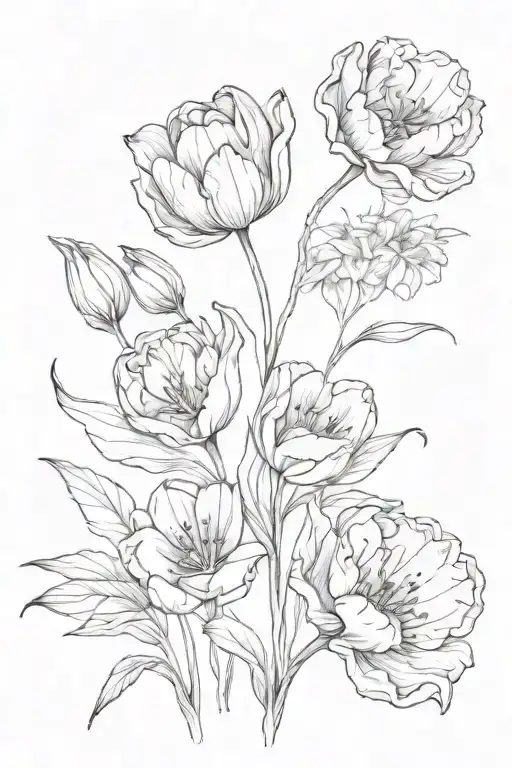3 flowers in line style tattoo, one tulip, one everlasting flower and one jasmin tattoo design idea