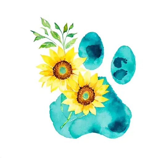 gorgeous yellow sunflowers with teal watercolor and ink paw print  tattoo design idea
