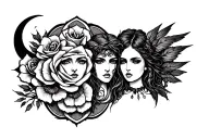 hecate triple goddess tattoo, geo patern, roses, raven tattoo design idea