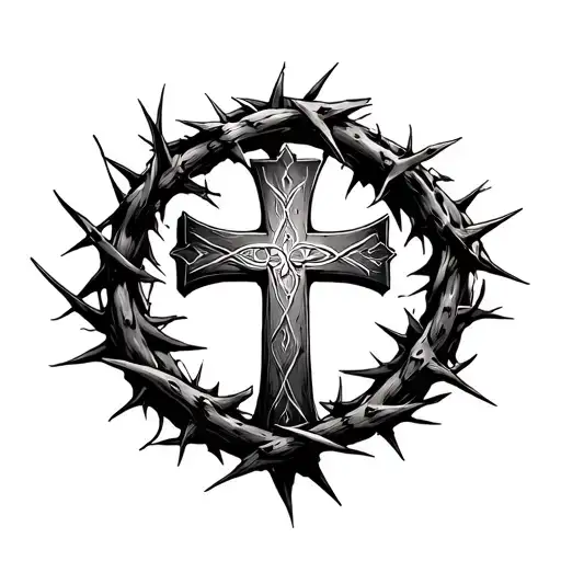 Cross crown of thorns short bible verse behind it, greek inspiredrd tattoo design idea