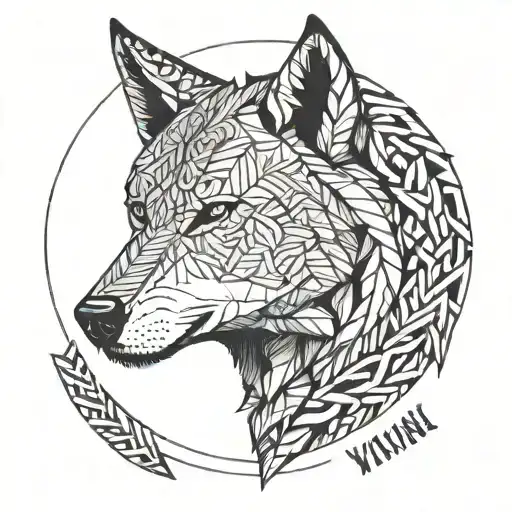 A sleek and modern geometric design incorporating elements of viking runes and wolf silhouettes tattoo design idea