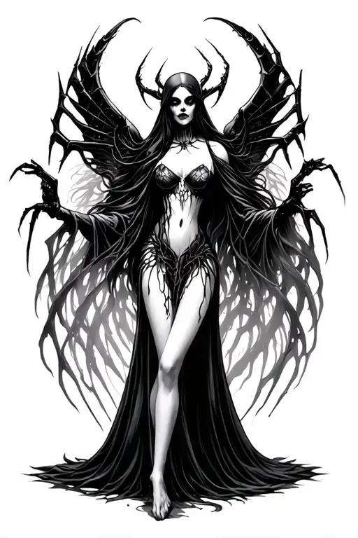Arachne, vampire goddess, and Azrael, Grim Reaper, delicate, whimsical dance. Arachne's ethereal beauty tattoo design idea
