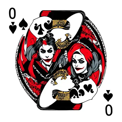 King and Queen playing cards. The king is the joker and the queen is Harley Quinn from the old animated show.higly detai tattoo design idea