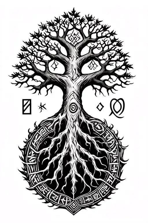 Yggdrasil tree, Nordic runes, viking warrior, fine line style tattoo design idea