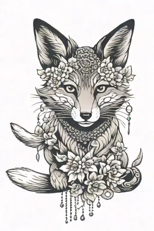 Japanese fox with flowers and beads tattoo design idea