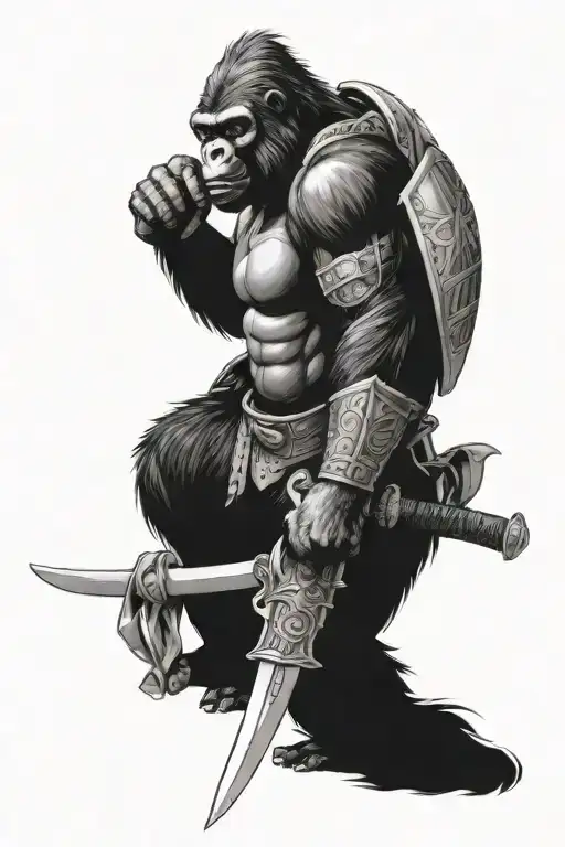 gorilla in armor with sword and helmet in japanese style of realism and graphics tattoo design idea