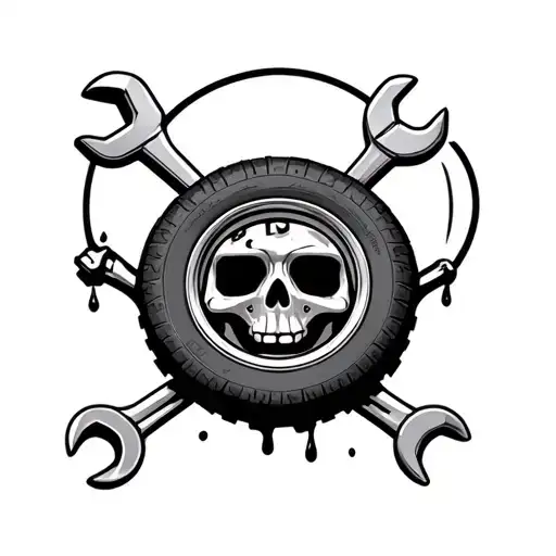 Wrench and ratchet as cross bones sitting below a tire with the hubcap resembeling a skull and motor oil dripping tattoo design idea