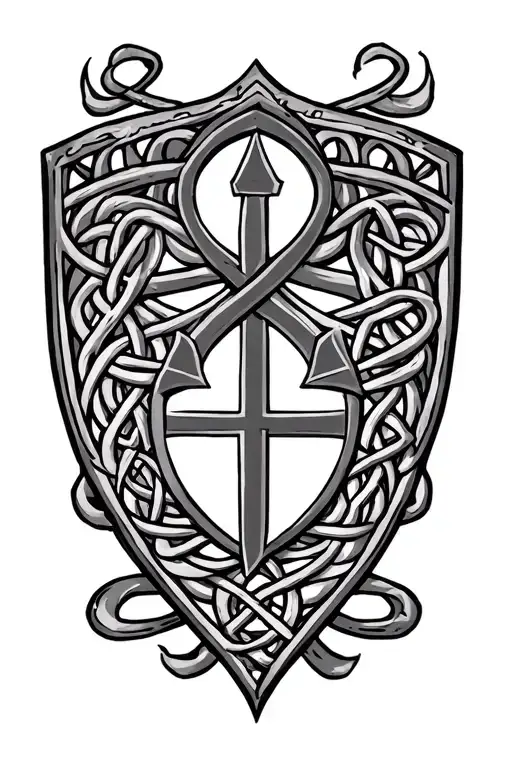Shield with Chi Rho and Carolingian knotwork design incorporating tattoo design idea