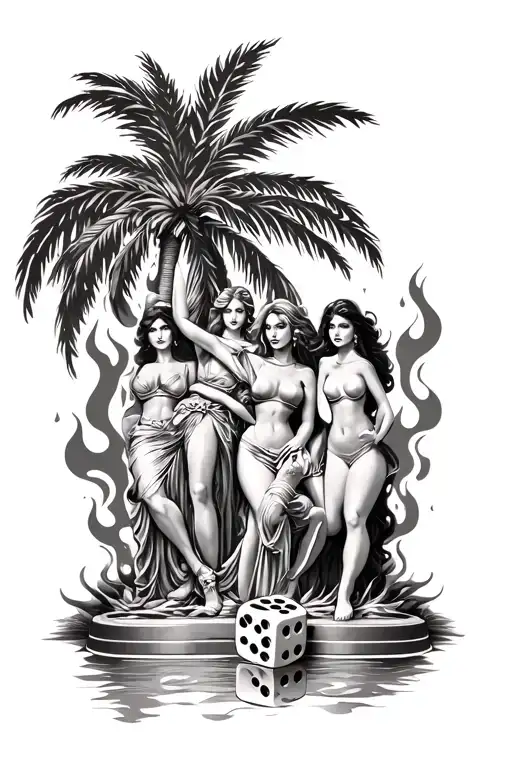 dice flames palm tree sleeve with the statue from scarface with the 3 women tattoo design idea