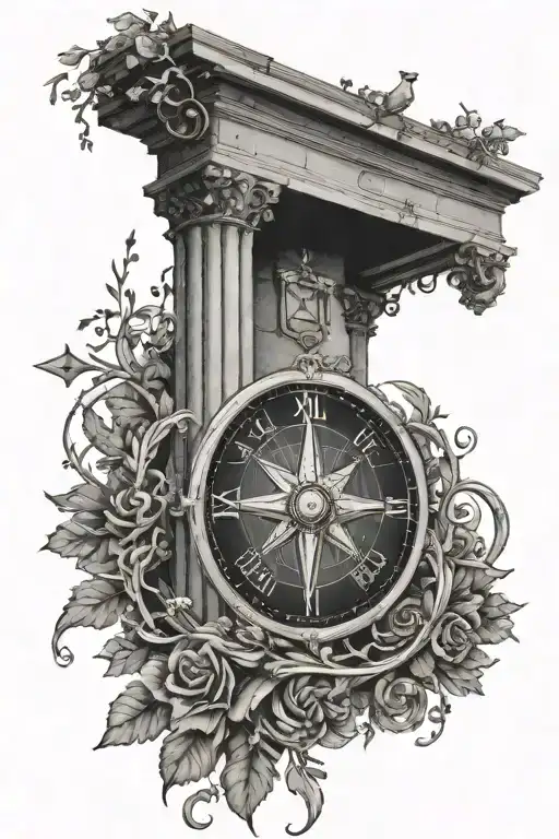 Roman arch monument with wrapping vine and compass, and stars behind the arch tattoo design idea