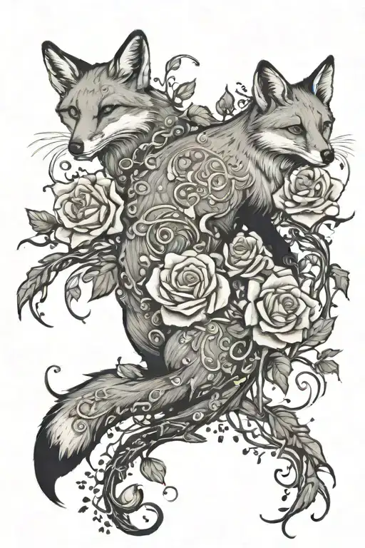 white roses on a vine intertwined with petals falling down with a fox leaping in them tattoo design idea