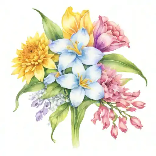 posy of single flower each marigold, primrose, lily of the valley, aster, chrysanthemum, and narcissus tied wistfully  tattoo design idea