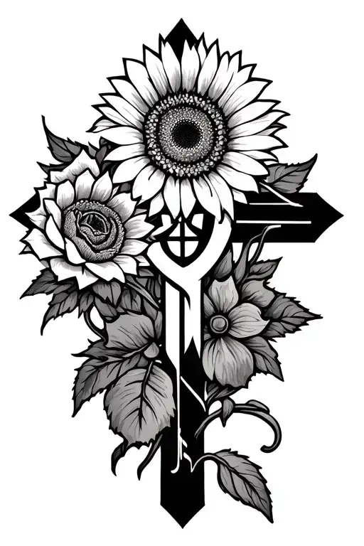 sunflowers and rosessurounding a cross with the infertility symbols in the center  tattoo design idea