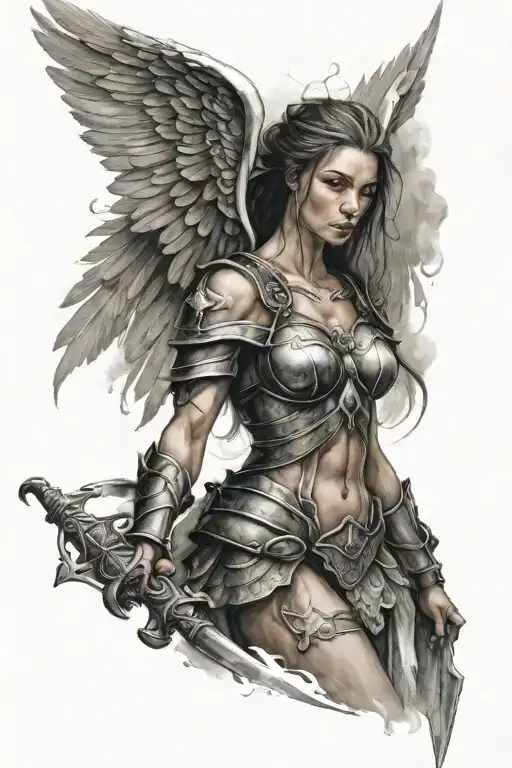 warrior female angel tattoo design idea