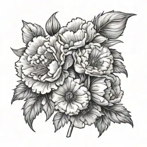 carnation, forget me not, marigold, and poppy bouquet   tattoo design idea