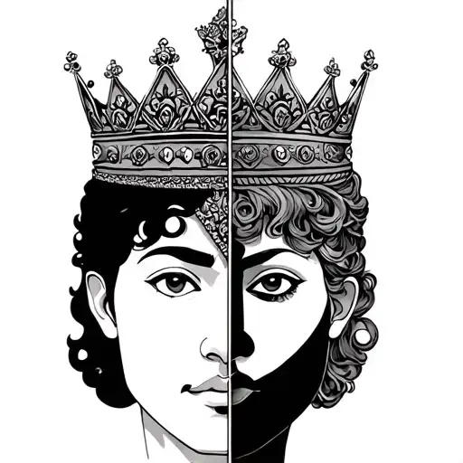 half face king half face queen symmetrical with crown tattoo design idea