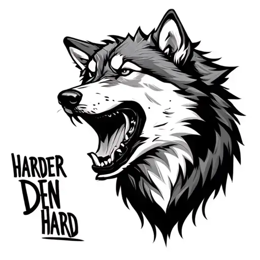 wolf with mouth open with words inside mouth saying harder den hard tattoo design idea