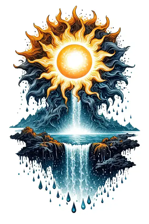a sun that melts and blends into a universe and the universe then melts into a waterfall that turns into rain drops tattoo design idea