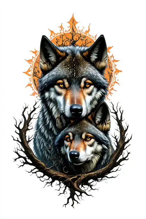 Yggdrasil with 2 wolves  tattoo design idea